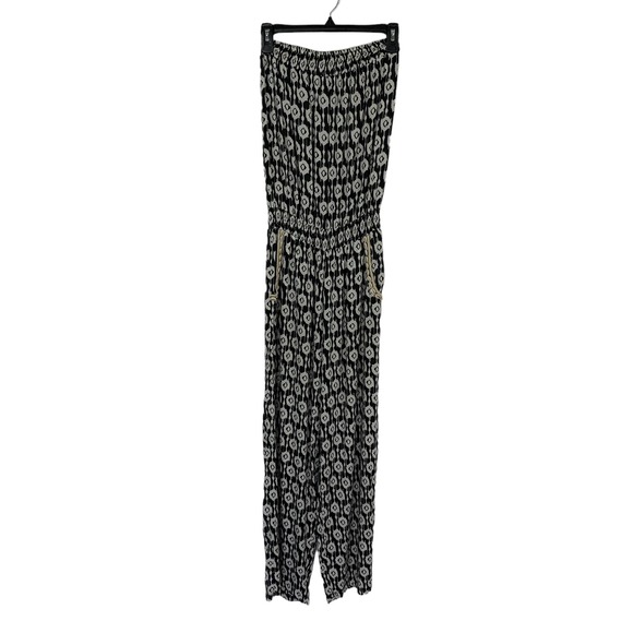 Skemo Pants - Skemo Gray White Ikat Strapless Jumpsuit Shell Trim Boho Stretch Waist Large